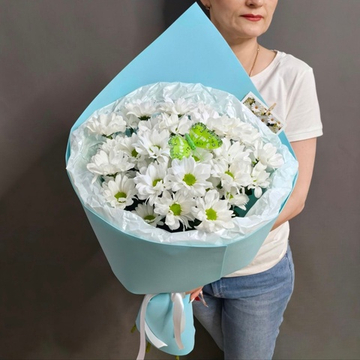 Букет из 5 кустовых хризантем сорта "KENNEDY WHITE" с бабочкой