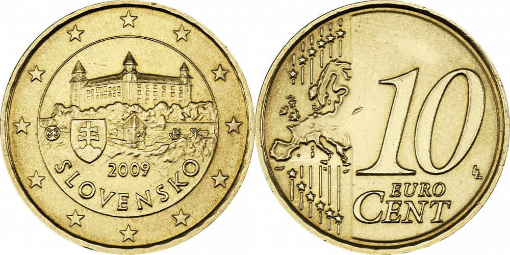 Словакия 10 евроцентов, 2009-2024 замок Братиславский град XF