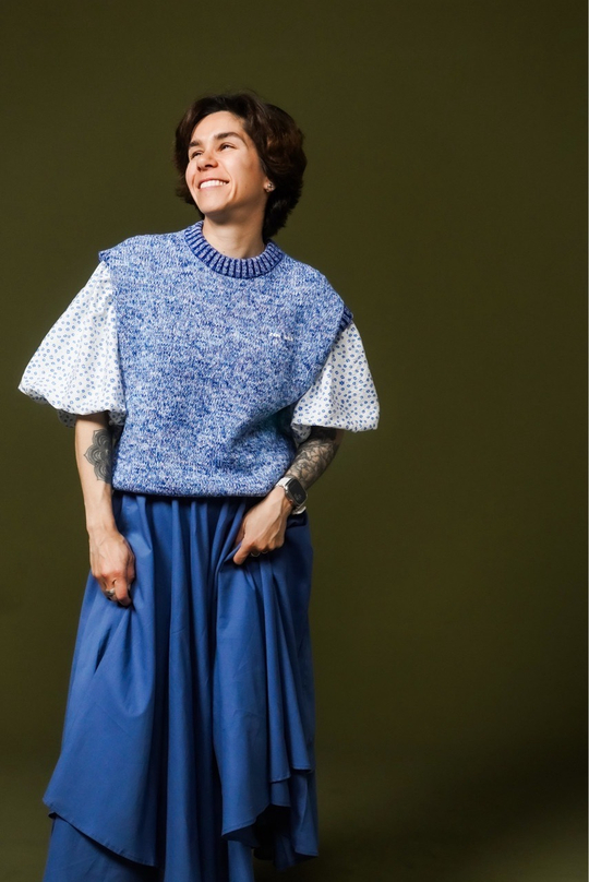 Юбка асимметричная двухслойная, пыльно-синего цвета