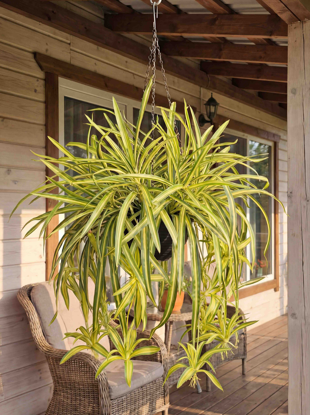 Искусственное растение Хлорофитум в подвесном темном кашпо