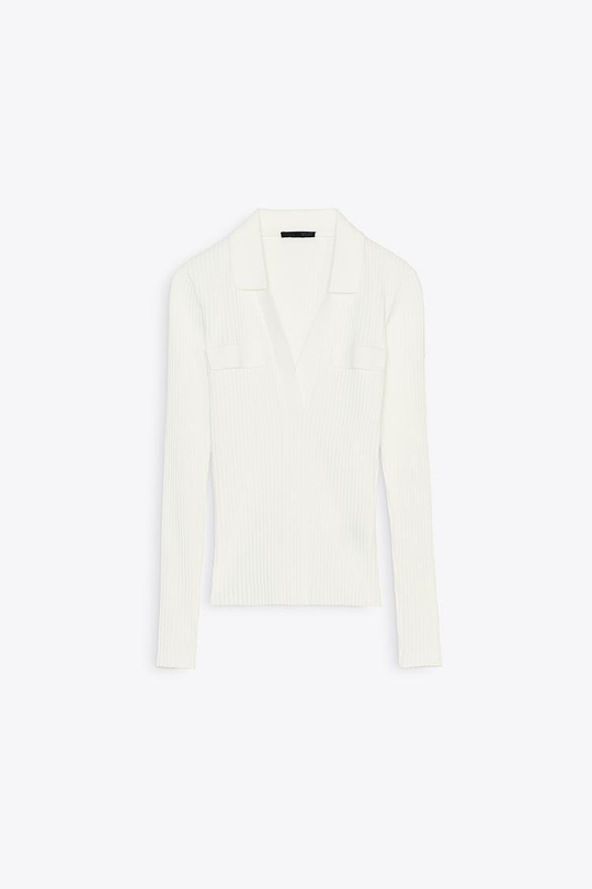 ZARA ФУТБОЛКА В РУБЧИК С ВОРОТНИКОМ ПОЛО, ЖЕЛТОВАТО-БЕЛЫЙ