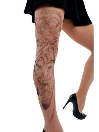 Колготки с принтом в виде гейши и демона (Размер: S-M-L) (Цвет: бежевый)