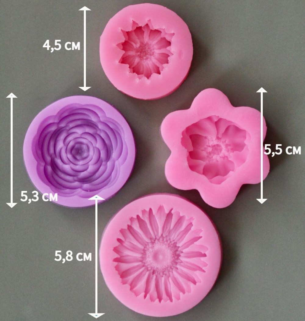 Молды силиконовые в наборе 4шт "Коллекция цветов ", разноцветные / Формы для цветов из мыла, воска, эпоксидной смолы и гипса