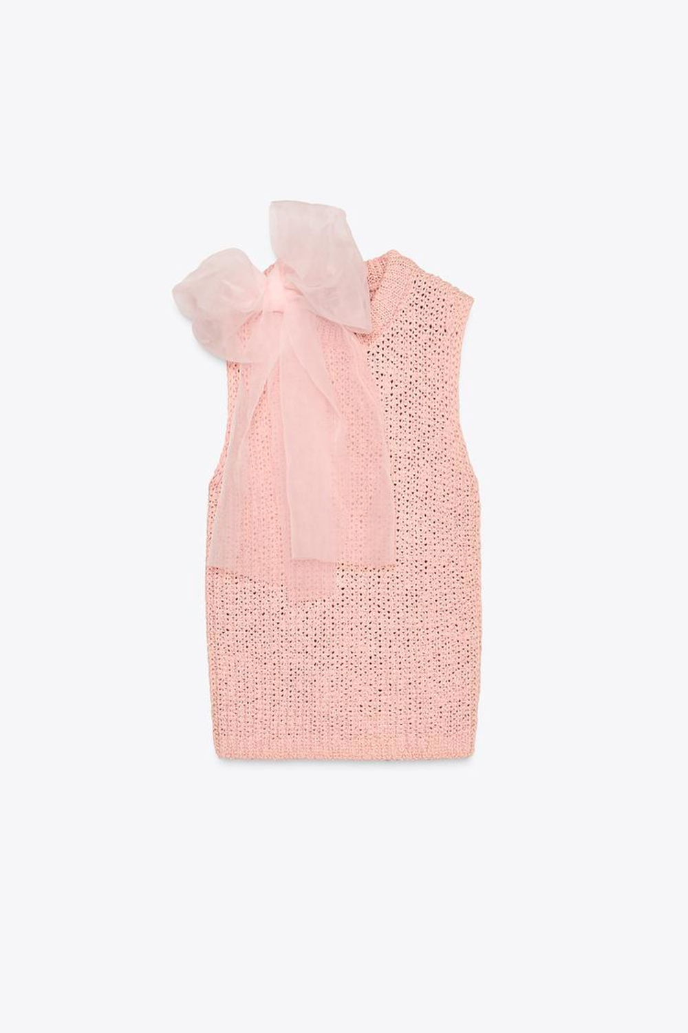 ZARA ТРИКОТАЖНЫЙ ТОП С БАНТОМ ИЗ ОРГАНЗЫ, РОЗОВЫЙ
