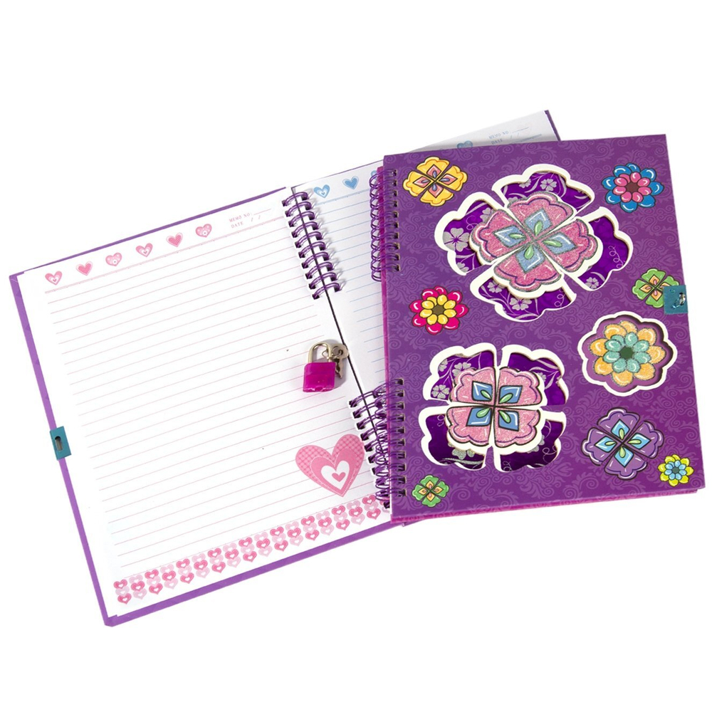 Блокнот 18,5 см * 27 см, гребень, Alingar, ламинация, глиттер, тиснение, замочек, 55 л., "Яркие цветы", фиолетовый