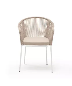 "Лион" стул плетеный из роупа, каркас из стали белый муар, роуп бежевый круглый, ткань бежевая