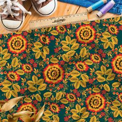 Ткань оксфорд 210 хохлома из небольших подсолнухов на зелёном фоне
