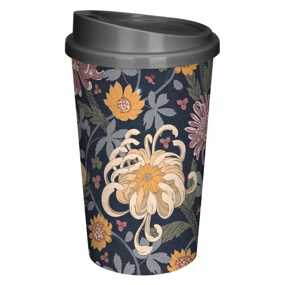 Стакан для горячих и холодных напитков с крышкой и декором хризантемы 400мл (черный)
