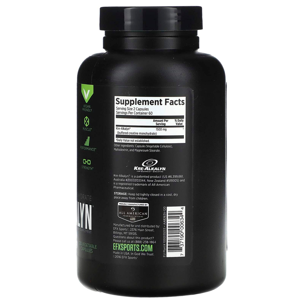 EFX Sports, Kre-Alkalyn, 120 растительных капсул (750 мг на капсулу)