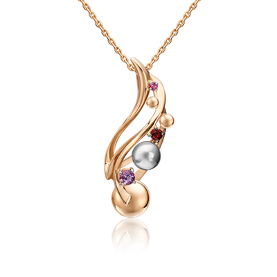 Подвеска «Кометы» из комбинированного золота с аметистом и гранатами