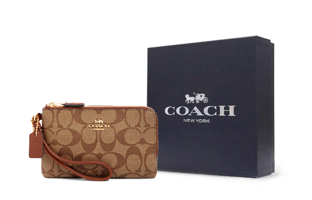 COACH Corner Zip Coated Canvas With Leather Coin Purse Pochette Clutch Regular Women"s Brown