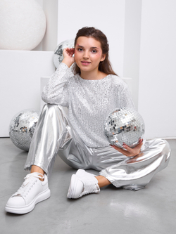 Костюм брючный праздничный с пайетками для девочки серебро