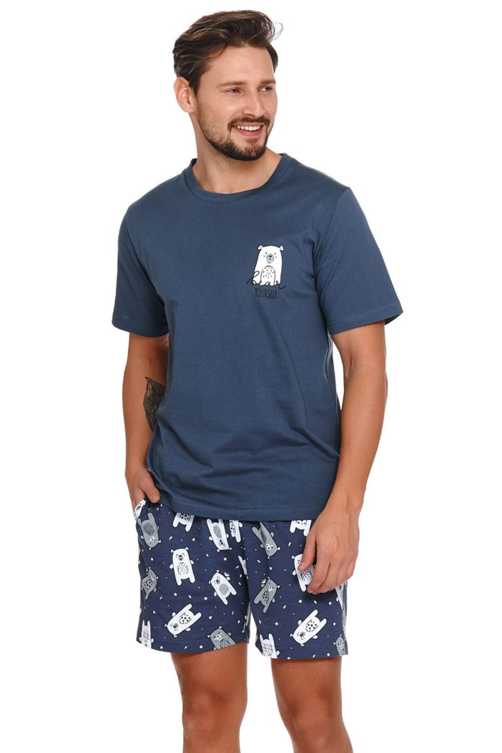 Мужская хлопковая пижама с принтом в виде мишек (Размер: M) (Цвет: синий)