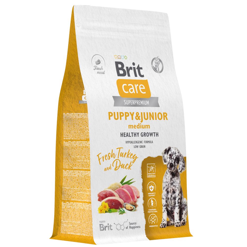 Сухой Корм Brit Care Dog Puppy&amp;Junior M Healthy Growth для щенков и молодых собак средних пород с индейкой и уткой 1.5 кг