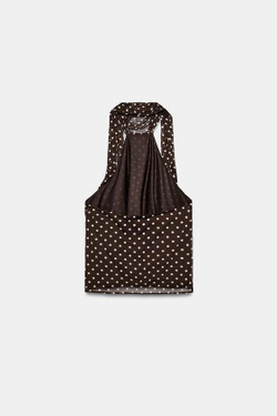 ZARA АСИММЕТРИЧНЫЙ ТОП В ГОРОШЕК, КОРИЧНЕВЫЙ/БЕЛЫЙ