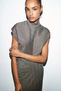 ZARA ПЛАТЬЕ МИДИ В ЁЛОЧКУ, СЕРЫЙ/БЕЖЕВЫЙ