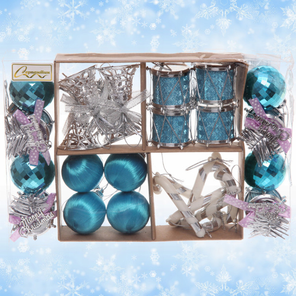 Набор украшений «Зимнее волшебство» 24*16*4 см (24 предмета), Голубой/серебро