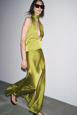 ZARA АТЛАСНЫЙ ТОП С ГОРЛОВИНОЙ ХАЛТЕР, ОЛИВКОВЫЙ