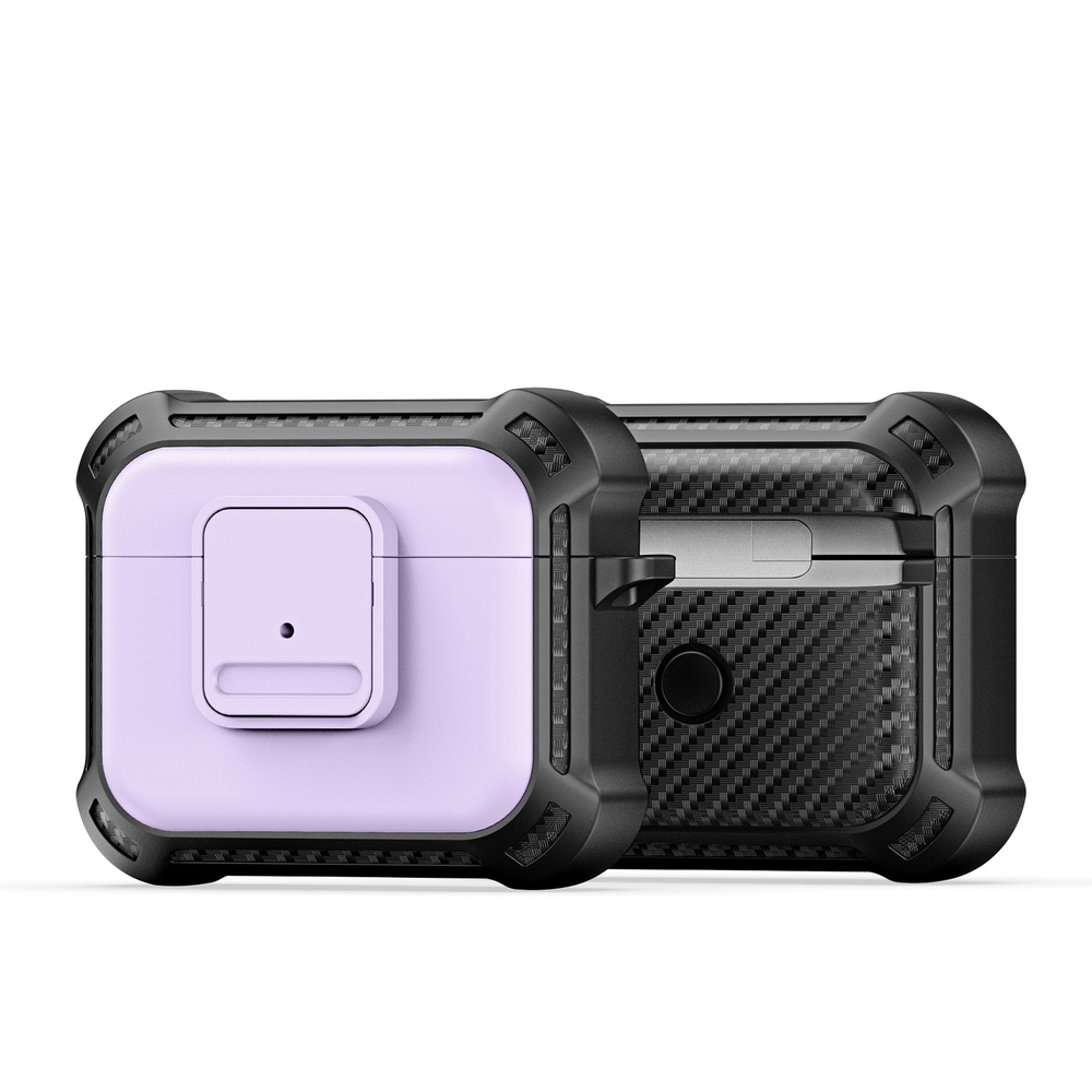 Усиленный чехол с вставками фиолетового цвета от Dux Ducis для наушников AirPods 3, серия PECG Series Case, в комплекте с карабином