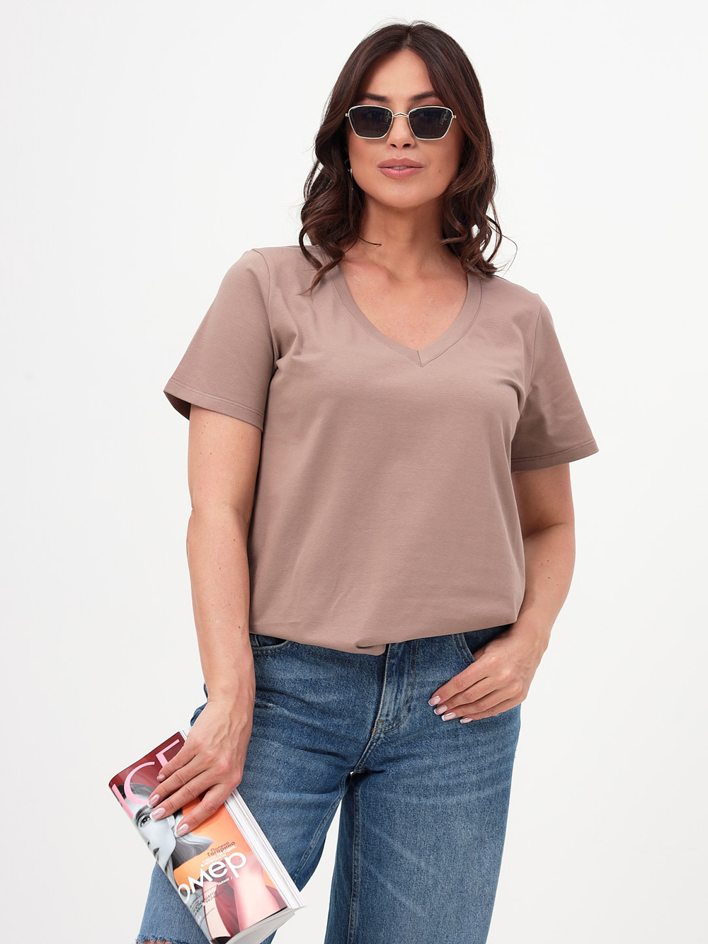 Футболка базовая темная пудра V вырез