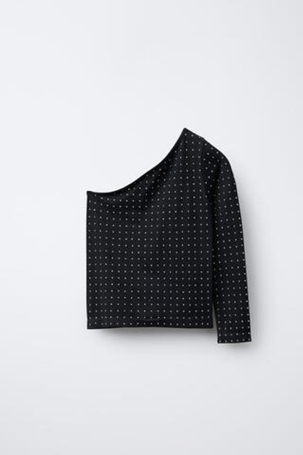 ZARA ФУТБОЛКА АСИММЕТРИЧНОГО КРОЯ БЕСШОВНАЯ СО СТРАЗАМИ, ЧЕРНЫЙ