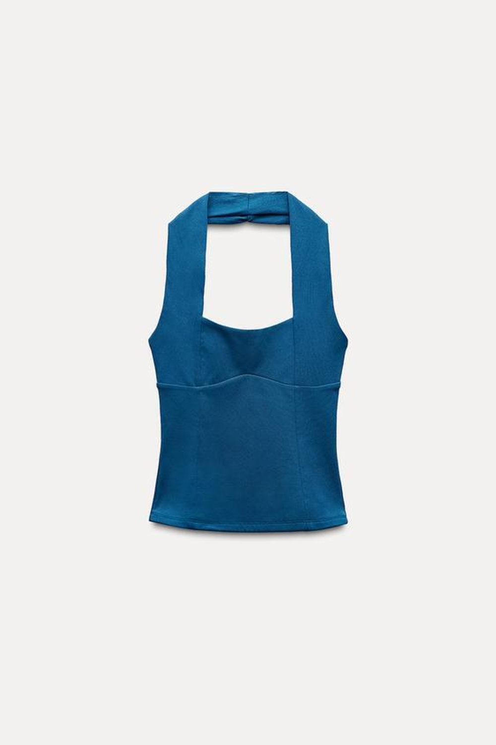 ZARA ЭЛАСТИЧНЫЙ ТОП С ГОРЛОВИНОЙ ХАЛТЕР И СБОРКОЙ, СИНИЙ