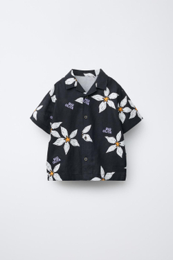 ZARA РУБАШКА С ЦВЕТОЧНЫМ ПРИНТОМ И НАДПИСЬЮ, ЧЕРНЫЙ