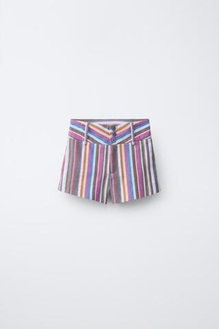 ZARA ШОРТЫ В ПОЛОСКУ С ШИРОКИМ ПОЯСОМ, КОРИЧНЕВО-СИНИЙ