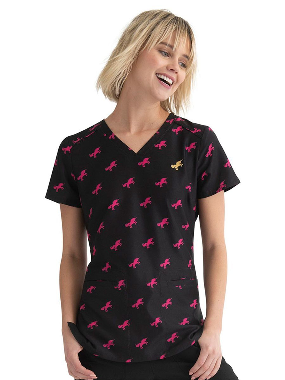 Топ медицинский женский HeartSoul HS638, черный, принт с единорогом, M