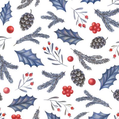 Рождественский, синие листья и красные ягоды