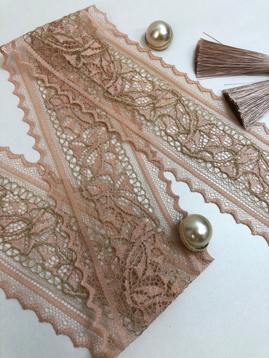 кружево пудра,  8,0см, стрейч, люрекс золото ING