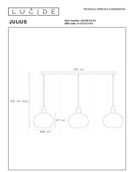 Подвесной светильник Lucide Julius 34438/03/61