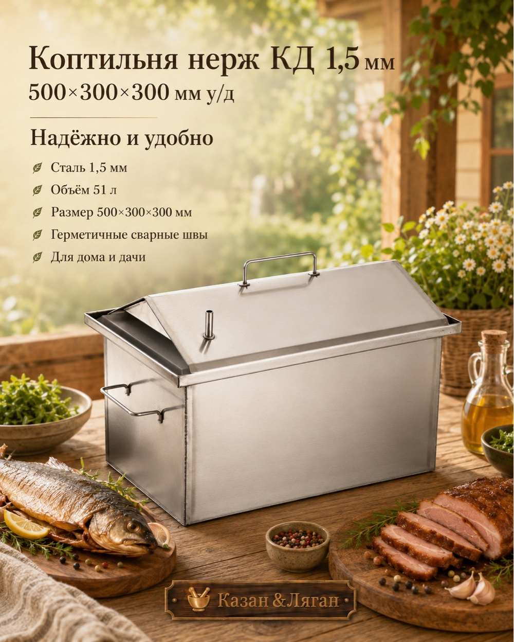 Коптильня нерж "КД" 500х300х300 1,5 мм у/д