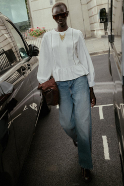 ZARA БЛУЗА С КРУЖЕВОМ И БАСКОЙ, ЖЕЛТОВАТО-БЕЛЫЙ