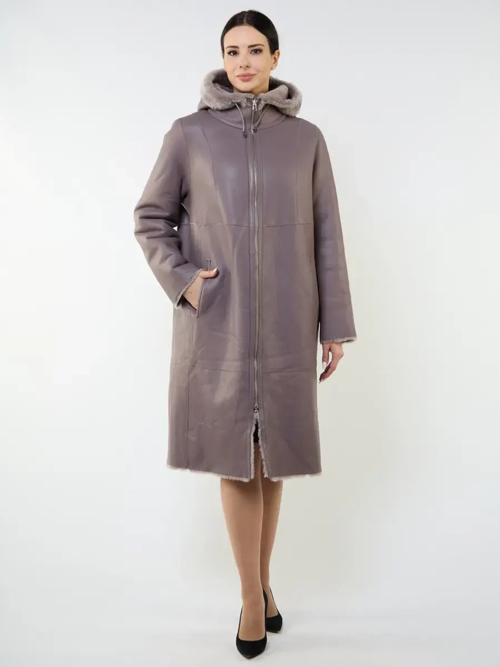 Дубленка зимняя двухсторонняя шуба с капюшоном