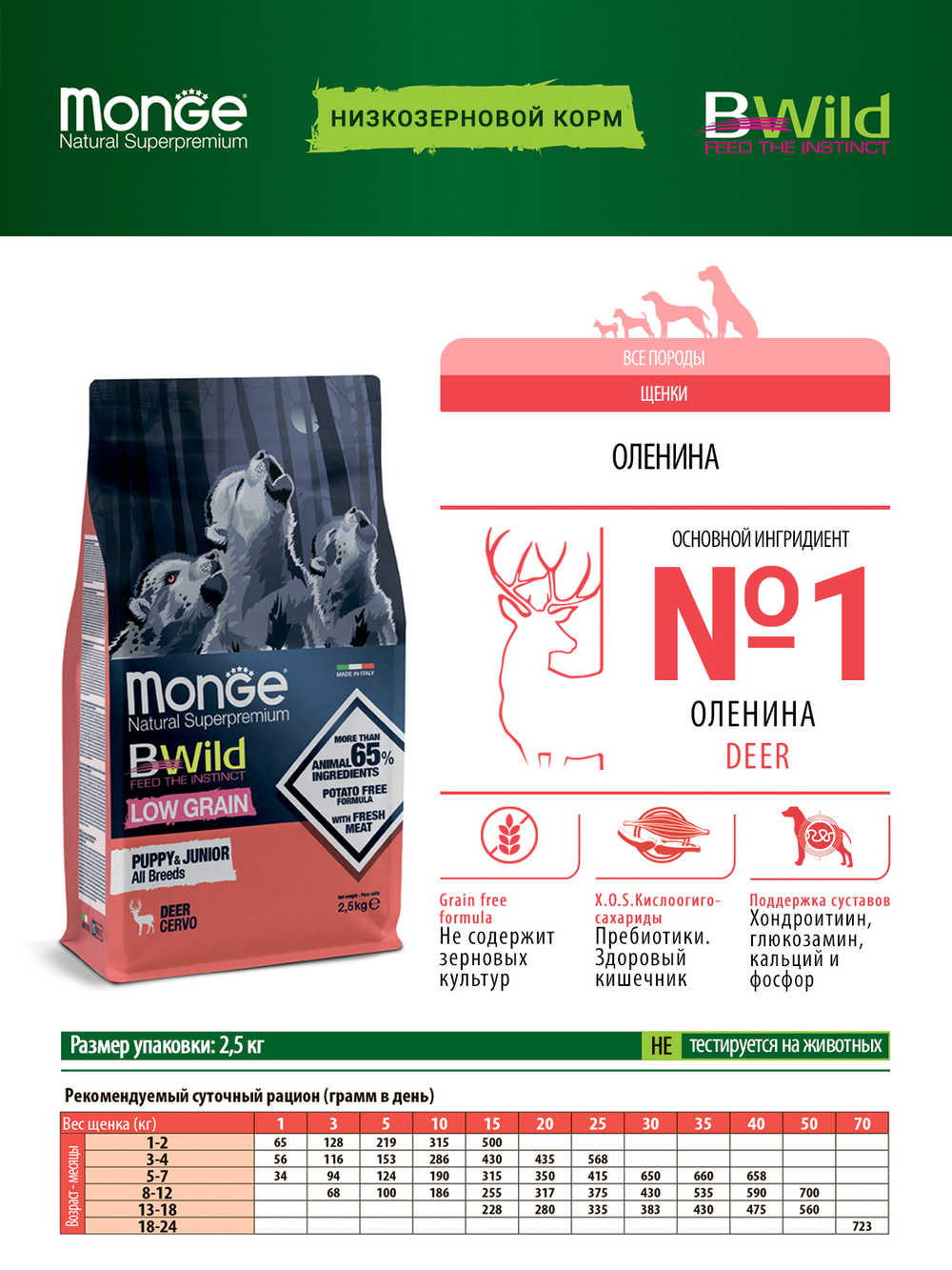 Сухой корм Monge Dog BWild LOW GRAIN Puppy & junior, для щенков, низкозерновой, из мяса оленя 2,5 кг