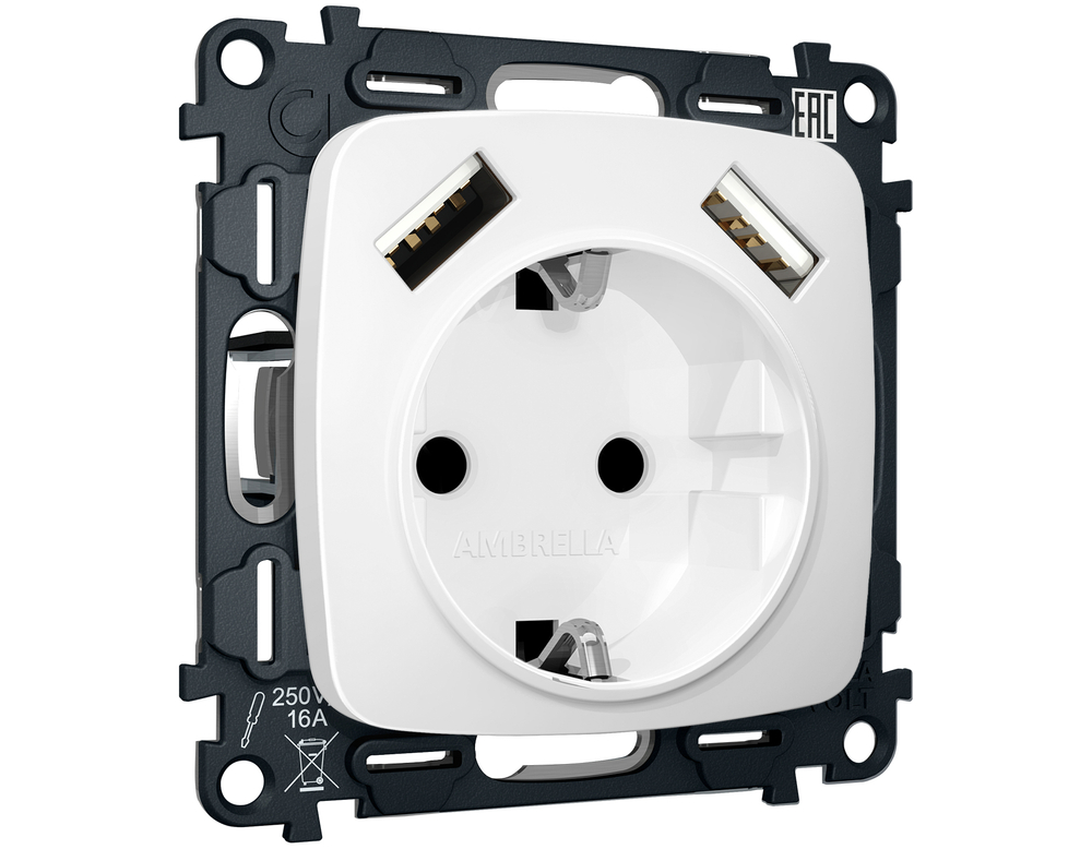 MO129010 Комплект механизма электрической розетки OMEGA Белый матовый 2USB A+A 18W (быстрая зарядка) с/з QUANT (OP1290, VM155)