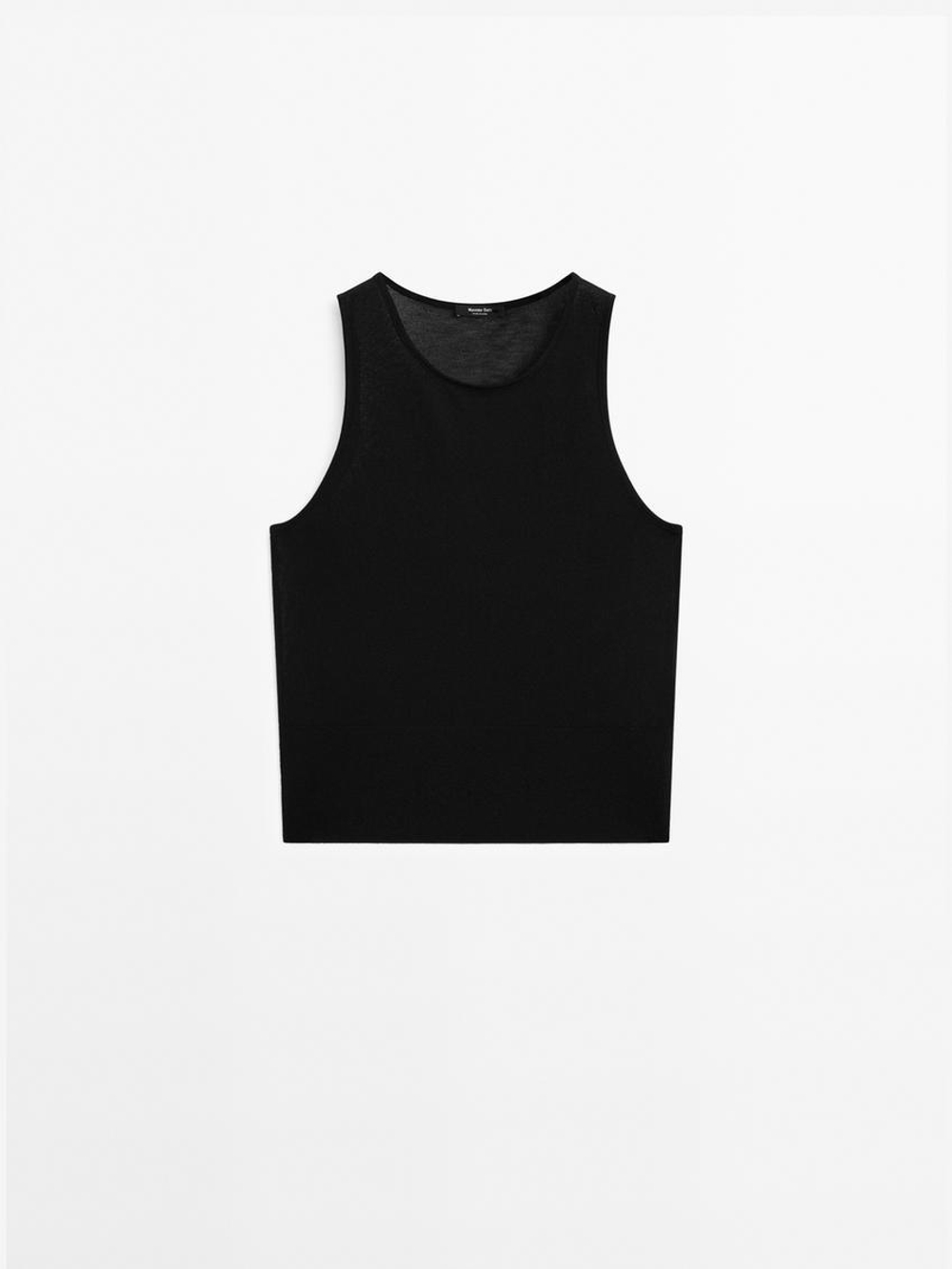 Massimo Dutti Топ из полупрозрачной ткани с круглым вырезом, черный