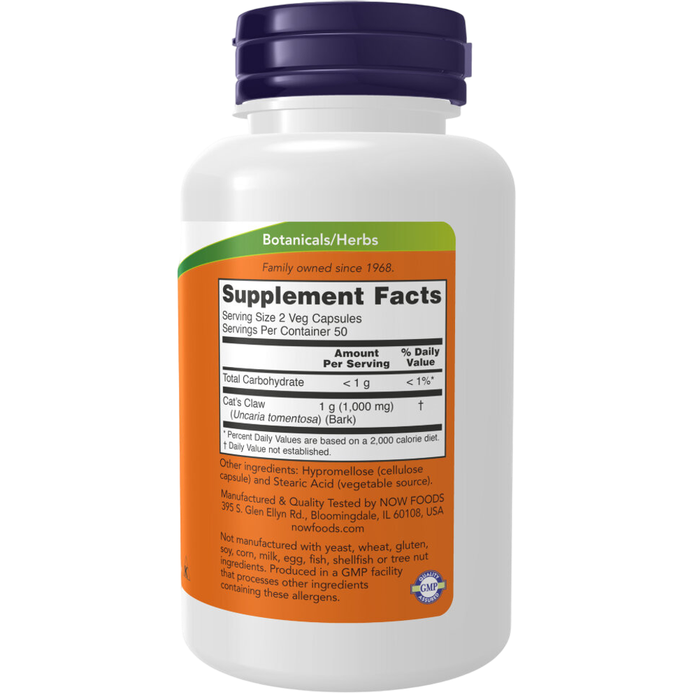 Now Foods Cat's Claw 500 mg 100 veg capsules, Экстракт коры кошачьего когтя, Кошачий коготь