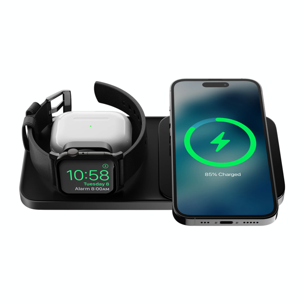 Зарядная станция MagSafe Nomad Base One Max 2-го поколения для iPhone, Apple Watch и AirPods Беспроводная зарядка: Qi 15 Вт, Qi 5 Вт, магнитное крепление для быстрой зарядки Apple Watch. Проводная зарядка: нет. Сертификация MFi. Отсутствует LED-индикация
