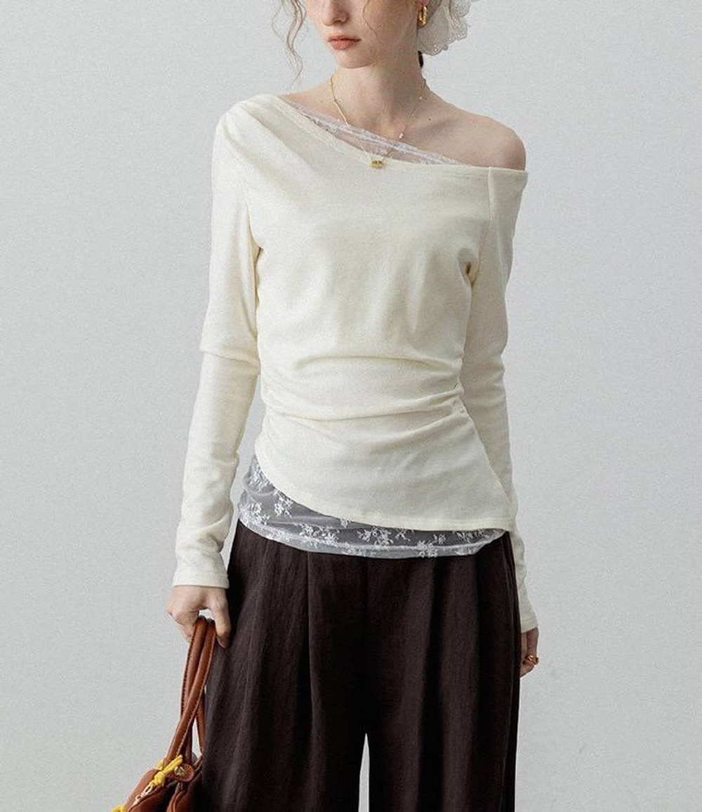 Лонгслив белый кружевной в стиле пэчворк на одно плечо. NEW COLLECTION!
