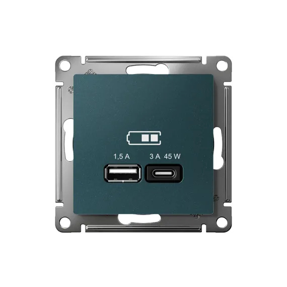 Розетка USB AtlasDesign тип A+C 45Вт QC PD высокоскор. ЗУ механизм изумруд SE ATN000829