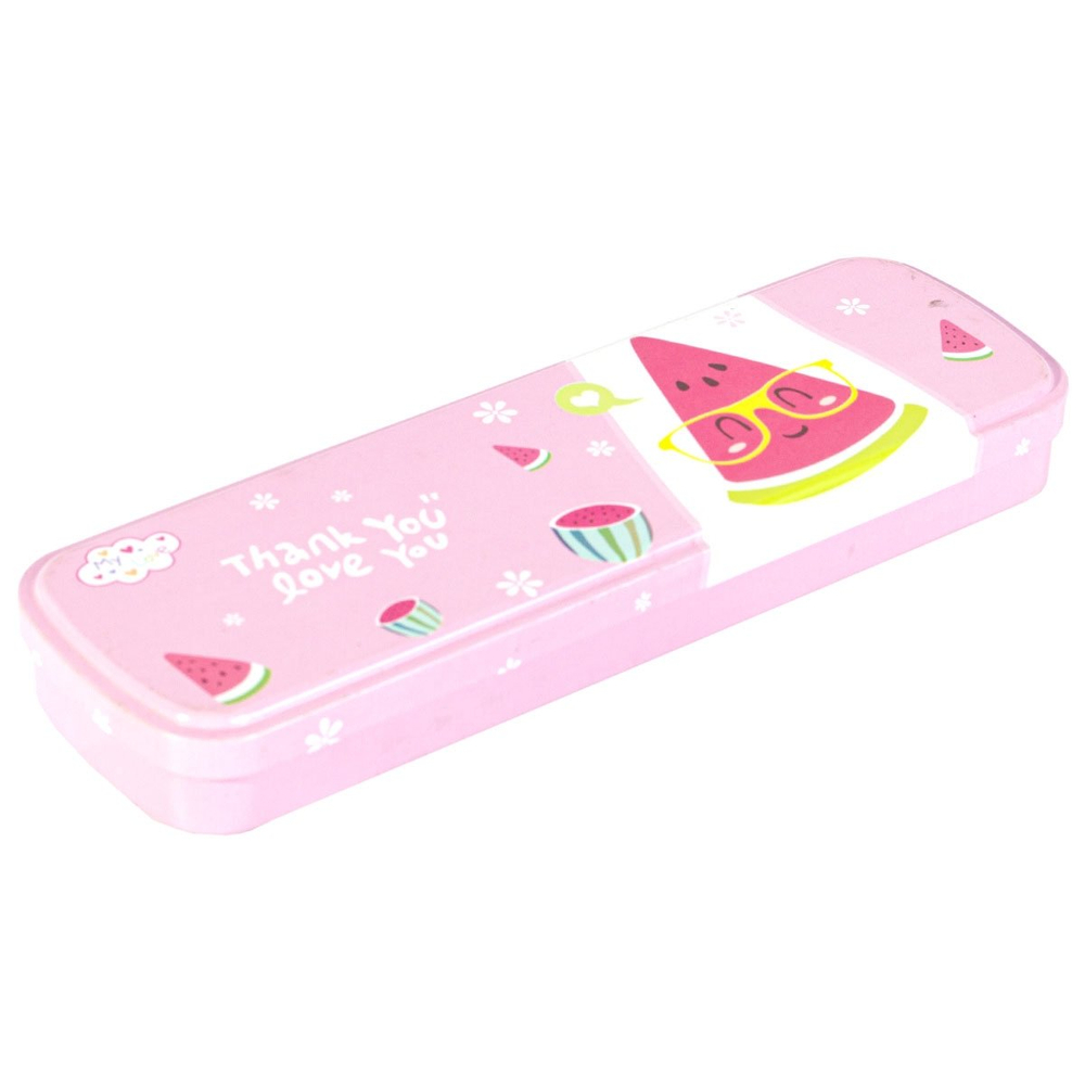 Пенал металлический 2 отделения Alingar, таблица умножения, 55 х 190 мм, "Фрукт", ассорти (роз,голуб,фиолет,син), надпись"Thank you, love you"