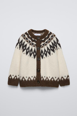 ZARA ЖАККАРДОВЫЙ КАРДИГАН, СВЕТЛО-КОРИЧНЕВЫЙ
