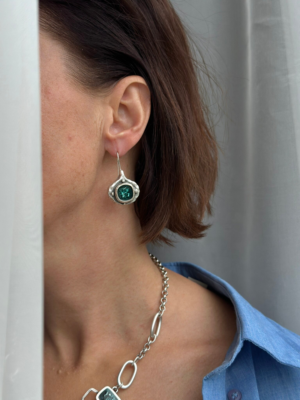 HMG MT Enamel Silver Серьги mix арт.0950, овалы на петле с бирюзовой эмалью