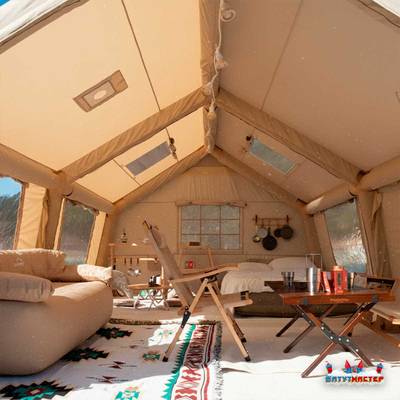 Пневмокаркасная всесезонная палатка «Тёплая Искра» 3,6×4,8×2,2 м — с печкой, из ПВХ, бежевая