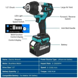 Гайковерт аккумуляторный ударный бесщеточный 21В 1000Нм 2акб 6.0Ач