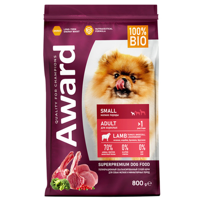 Сухой корм AWARD для взрослых собак мелких пород с ягненком 800г
