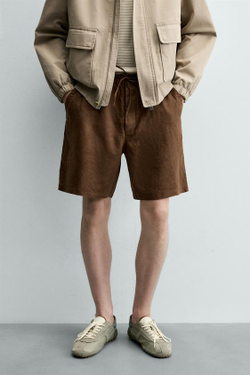 ZARA ШОРТЫ RELAXED FIT ИЗ 100% ЛЬНА, КОРИЧНЕВЫЙ
