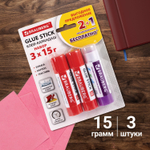 Клей-карандаш "2+1 обесцвечивающийся" BRAUBERG 15 г 3 штуки на блистере (12 штук в упаковке)